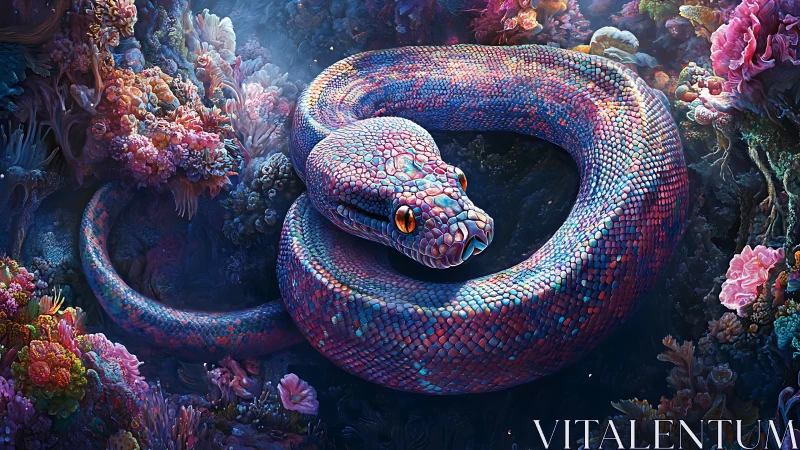 Iridescent coral serpent coils through luminous reef garden.