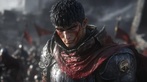 Armored warrior with red cloak on chaotic battlefield scene.