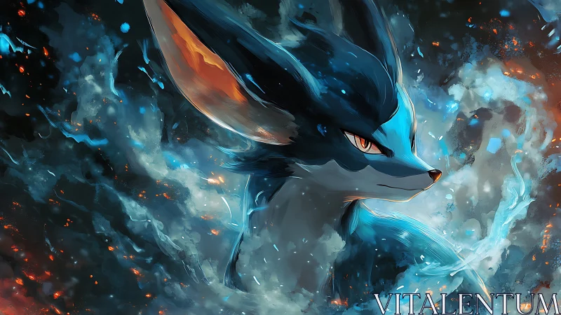 Mystical blue fox spirit emerging through swirling stardust.