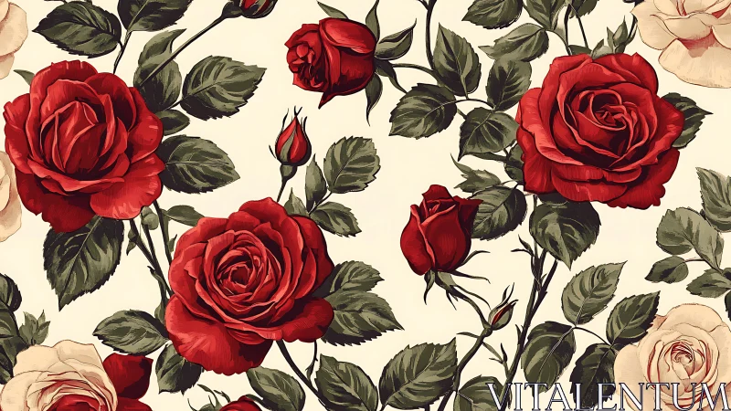 Botanical Red Rose Pattern with Vintage Flourish