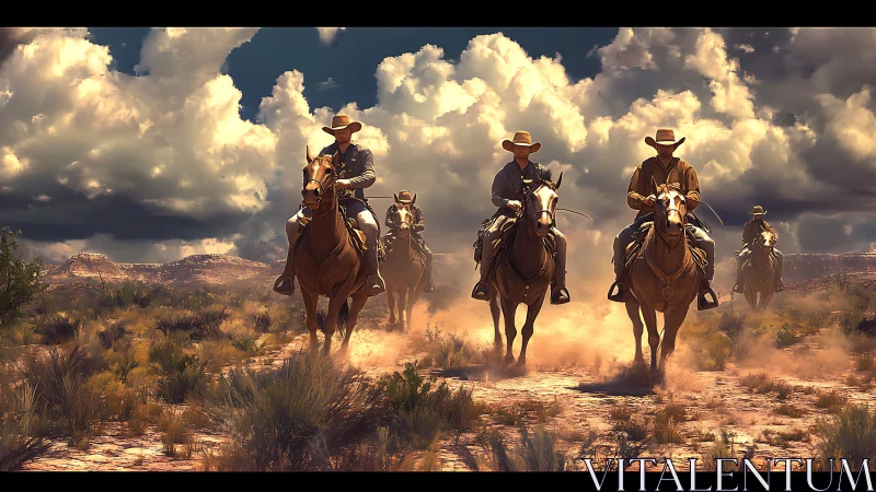 Cowboys on horseback ride through sunlit desert dust clouds.