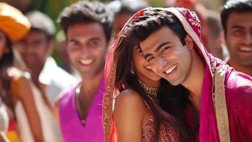Smiling couple in red wedding attire posing amid guests