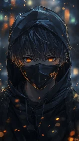 Hooded figure in dark urban scene with ember-like lighting.