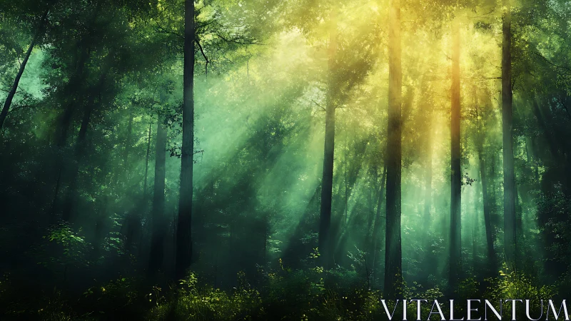 Luminous woodland cathedral with god rays penetrating evergreen canopy