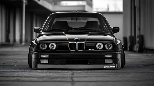 Lowered black BMW E30 front view shows aggressive stance