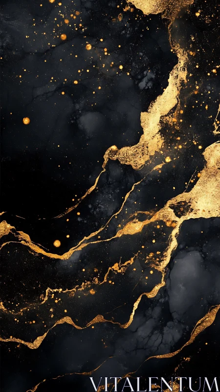 Gold-flecked black marble abstraction maps fluid metallic strata