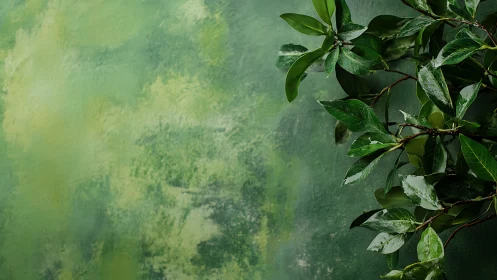 Lush bay leaves lean into a misty watercolor green wall.