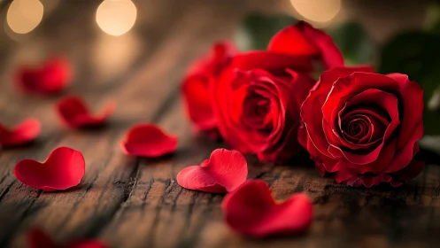 Red Roses with Petals on Wooden Surface.