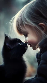 Girl and Black Cat Share a Tender Moment.