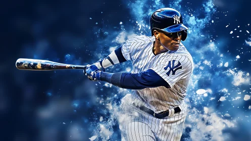 Baseball batter in pinstripes swings bat amid blue splashes