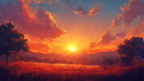 Radiant sunset over wind-swept meadow with silhouetted trees