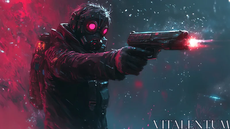 Gas-masked neon gunman in dynamically lit ballistic discharge.