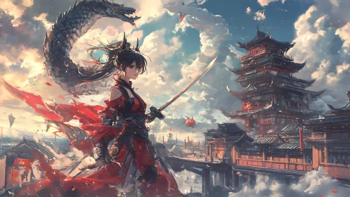 Samurai heroine with serpentine dragon over neo-feudal citadel.