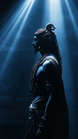 Side profile silhouette of robed male figure in blue light