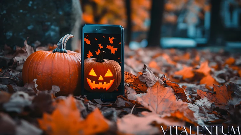Halloween pumpkin and phone glow amid vivid autumn leaves.