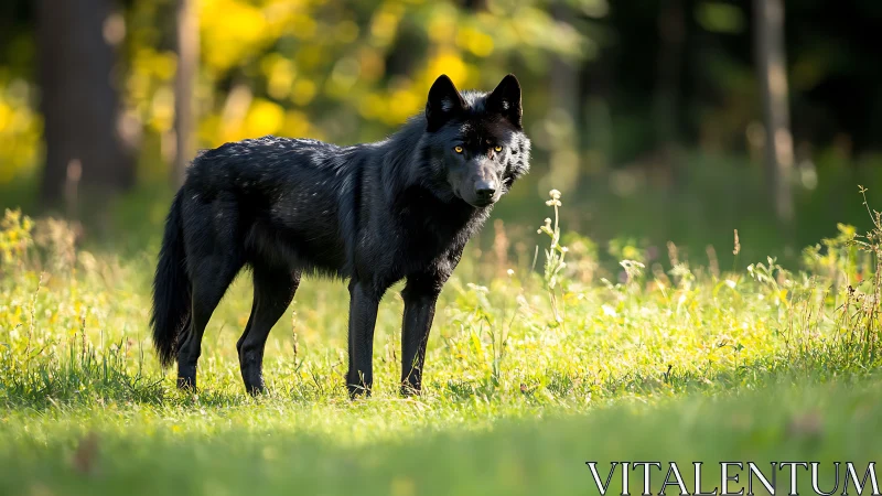 Black wolf standing in sunlit grassy clearing outdoors.