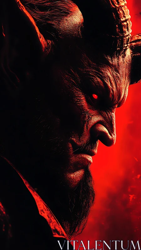 Infernal horned demon glares in searing crimson light