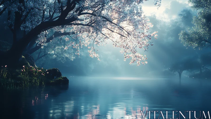 Sunlit blossom branches glow above a misty blue lake.