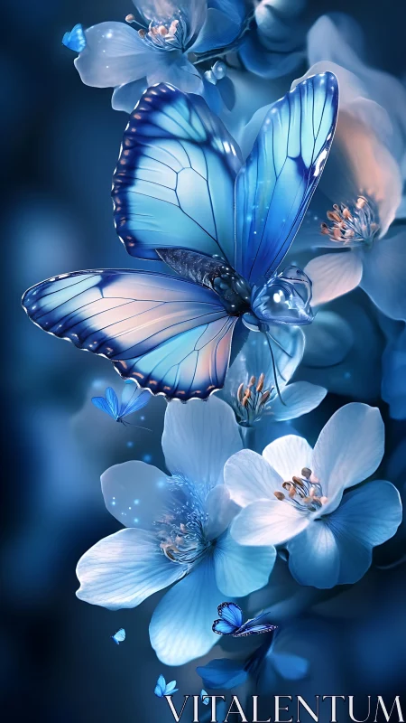 Blue butterfly rests among glowing blue-white blossoms