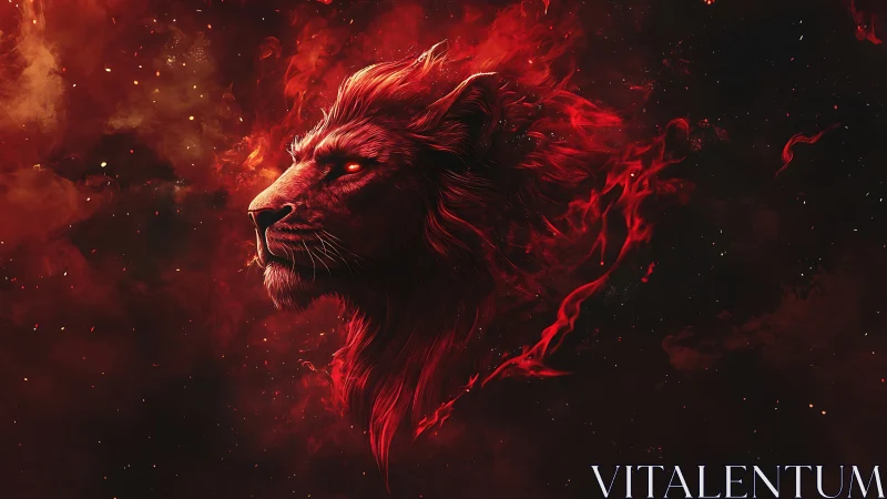 Fiery spectral lion portrait in red nebular cosmic clouds