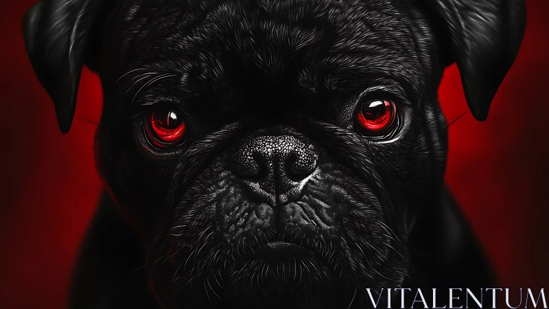 Digital painting portrait of black pug with crimson eyes.