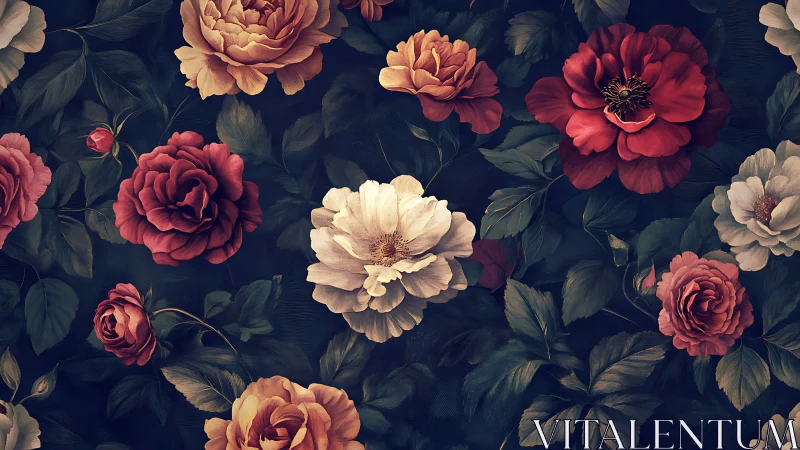 Vintage Floral Arrangement Against Dark Navy Background.