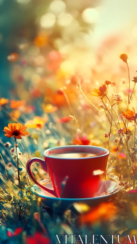 Red ceramic cup with beverage placed among meadow flowers