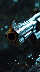 Close-up view of wet handgun barrel in low light conditions.