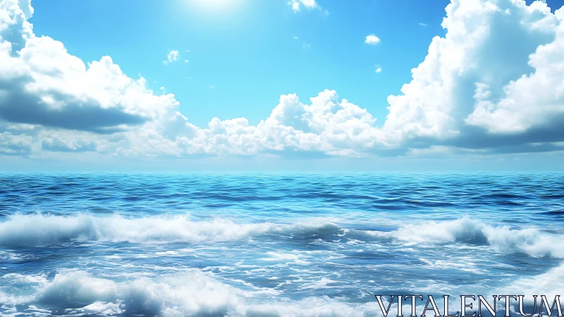 Sunlit ocean horizon under bright blue sky and clouds.
