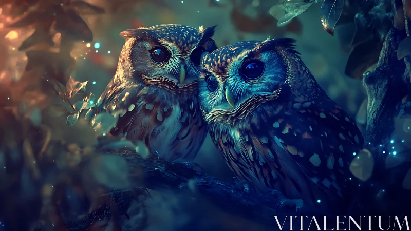 Two Owls Perched on Branch in Magical Night Forest Scene.