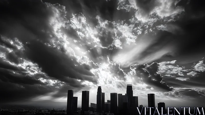Dramatic storm clouds backlight dense modern city skyline