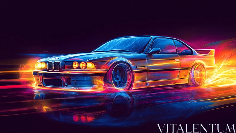Neon outlined sports coupe drifts through glowing light trails