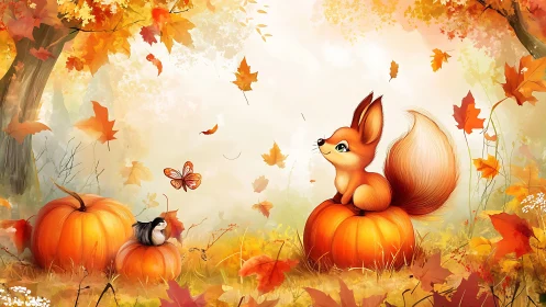Stylized fox on pumpkins within high-saturation autumn foliage scene