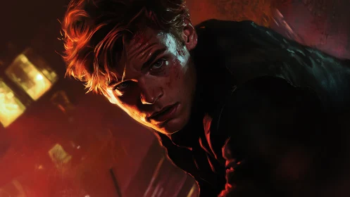 Wounded young man crouches in burning city alleyway