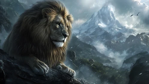 Lion rests on rocky ledge overlooking distant mountain range