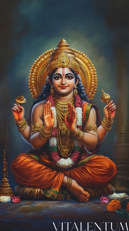 Four-armed seated Hindu deity with ornate golden halo