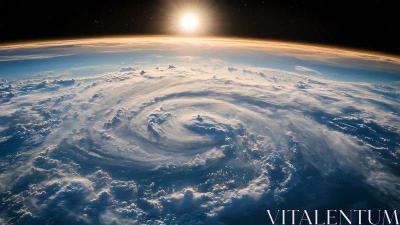 Sunrise above swirling Earth storm from low orbit