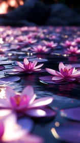 Pink water lily cluster on reflective pond surface.