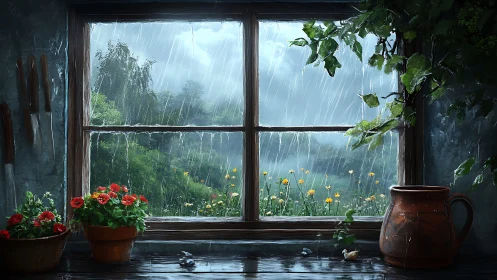 Rainy garden view through rustic window with plants inside.