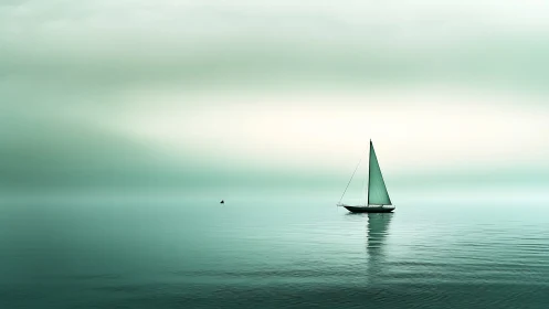 Solitary sloop on glassy cyan horizon under diffuse fog bank