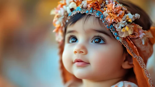 Infant portrait with floral headpiece in warm bokeh light.