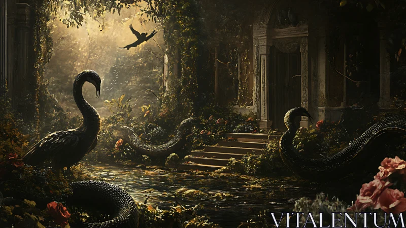 Serpents coil through an overgrown courtyard of fading light