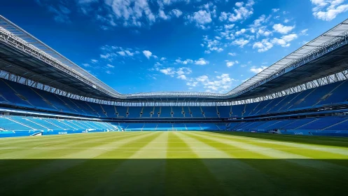 Empty modern football stadium under clear blue sky.