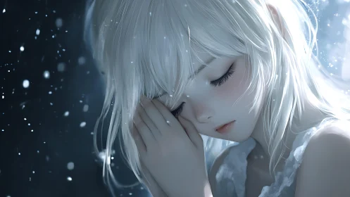 Gentle winter dream with a sleeping silver haired girl.