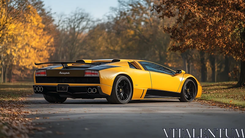 Yellow Lamborghini Murciélago parked on tree lined road.
