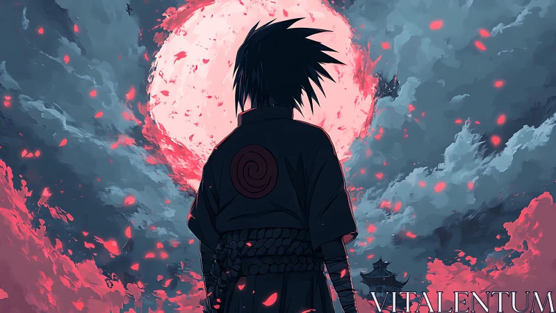 Lone ninja gazing up at a glowing crimson moonlit sky.