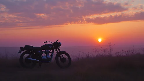Vintage motorcycle silhouette rests under vivid sunset sky