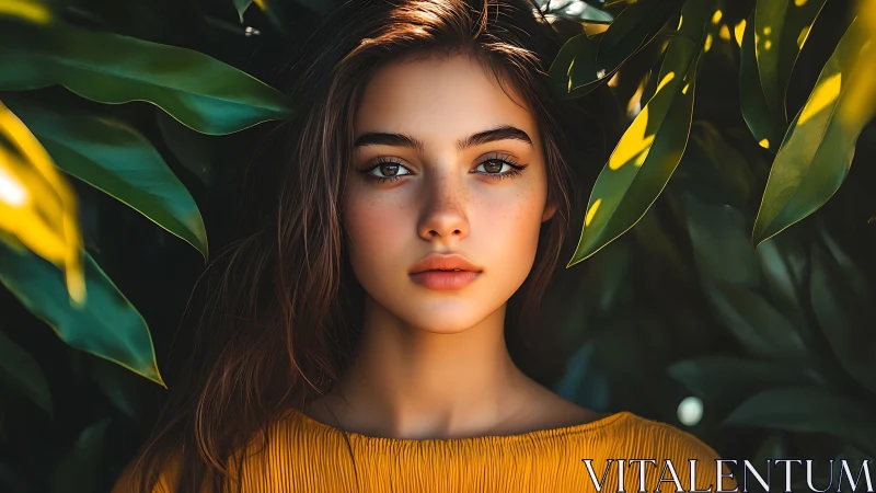 Portrait of young woman framed by dense green foliage.