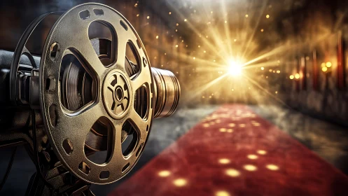 Golden film reel glowing over a red carpet of memories.