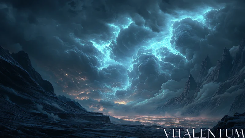 Storm-torn sky carves electric rivers above frozen valleys